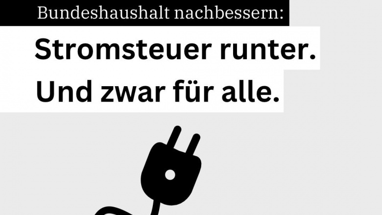 Symbolbild eines Stromsteckers und Schrift Stromsteuer runter für alle